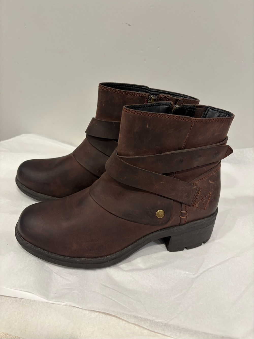 Clarks Dark Brown Leather Ankle Boots with Wrap Strap Biker